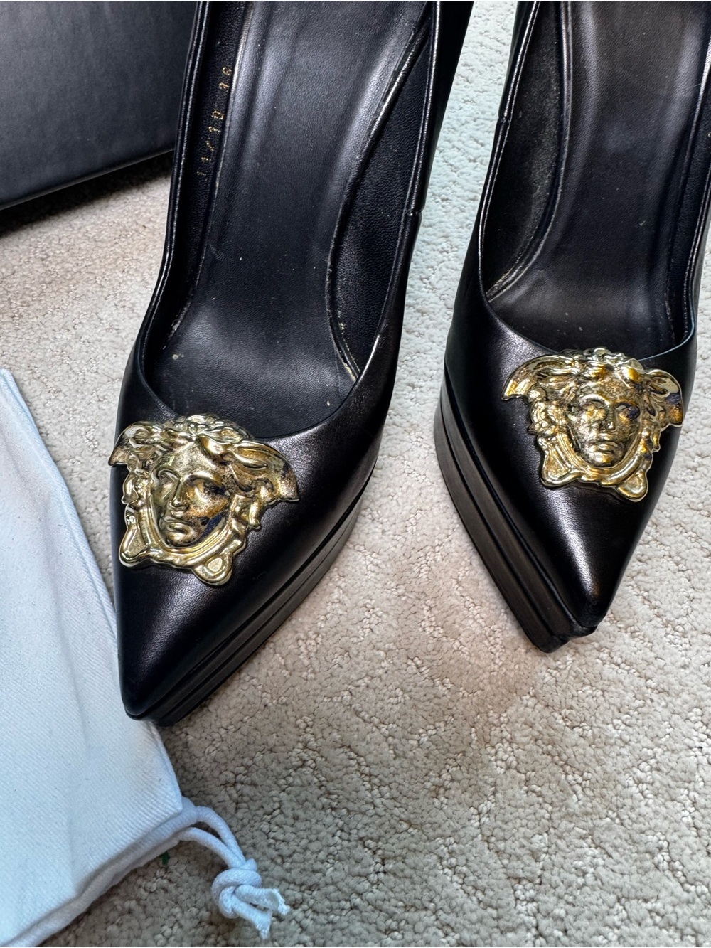 Versace Black Leather Pointed Pumps with Gold Medusa Size 6 - Picture 3 of 10